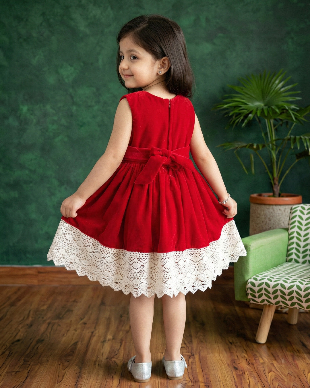 Red Shade Crochet Velvet Knee Length Bow Frock