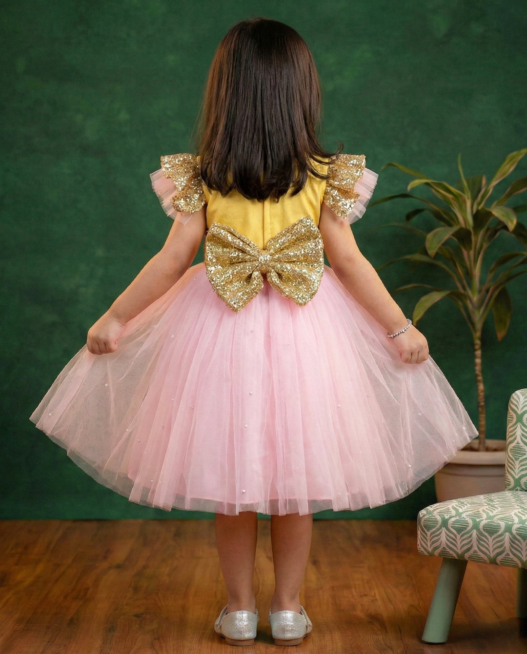Baby pink birthday dress for girls, golden sequins frock, designer kids party wear, baby girl birthday outfit