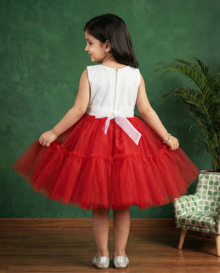 red off white baby girls christmas frock, ruffle partywear dress for kids, baby girl birthday dress, festive frock for toddlers, stylish christmas outfit girls