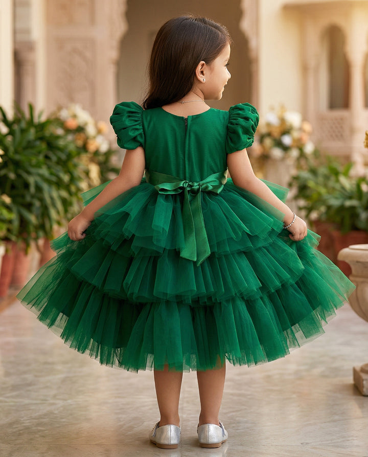 Bottle green hand embroidery birthday dress for baby girls, elegant party dress, baby girls&