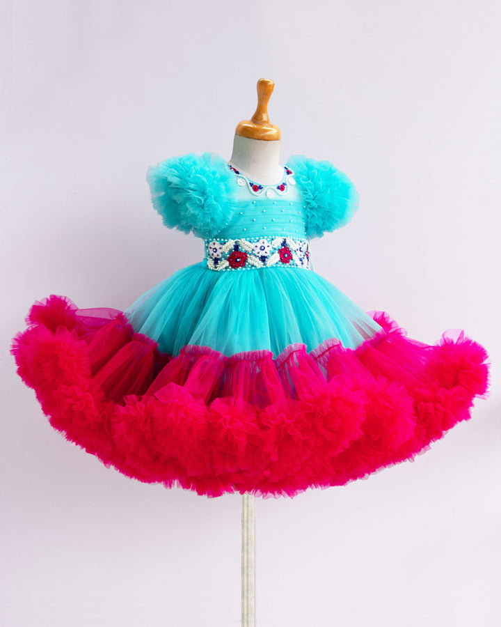 Sky Blue & Rany Pink Combo Heavy Handwork Ruffles Partywear Frock