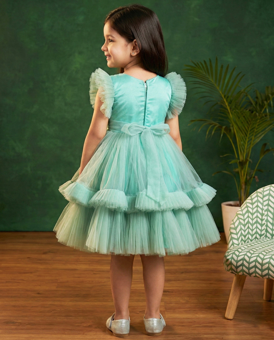 Mermaid theme baby girls birthday dress, pastel green sea life embroidered frock, heavy partywear birthday outfit
