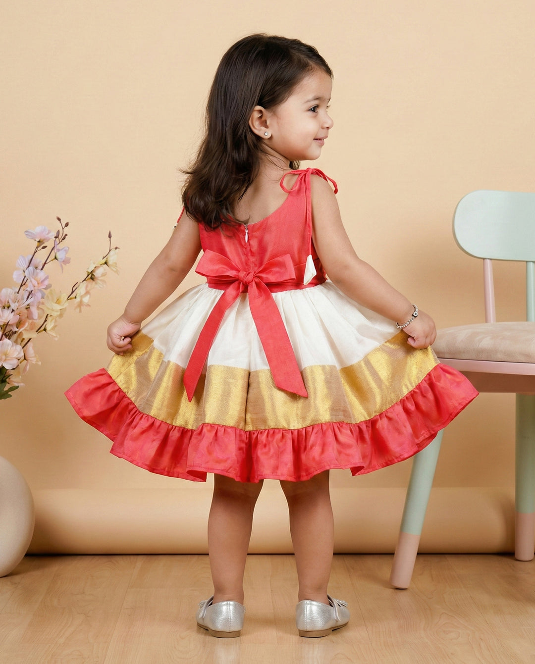 Cream peach kettuduppu frock back view – Stanwells Kids