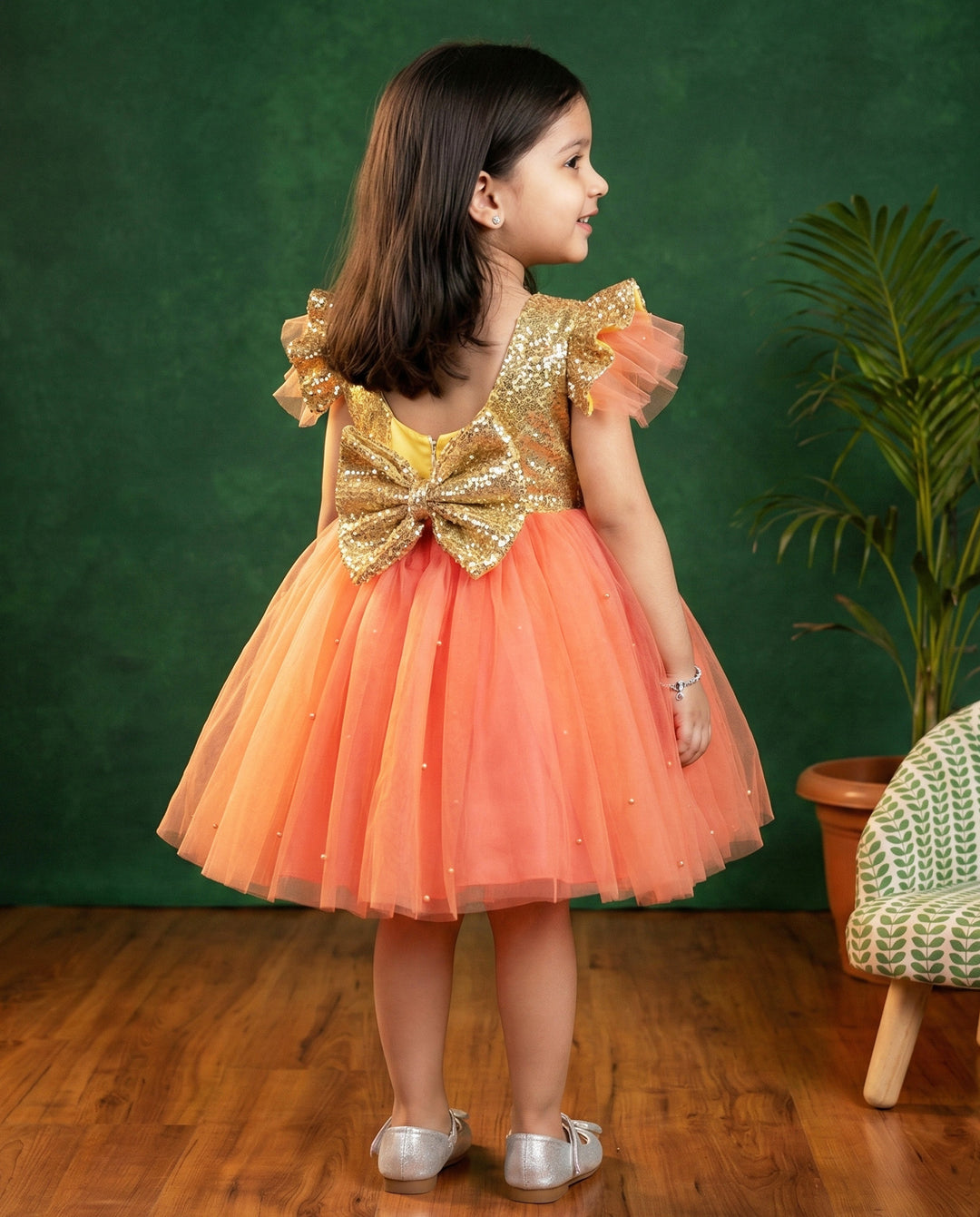 Coral shade golden sequins baby girl birthday dress, designer party wear frock, baby girl birthday outfit, kids party dress