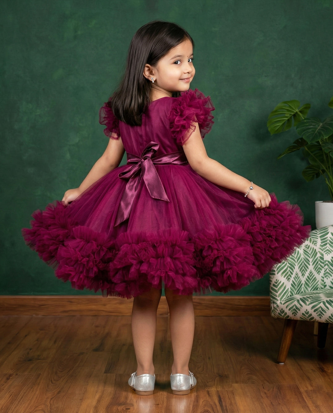 Grapevine Shade Baby Girls Birthday Dress, Heavy Handwork Party Wear Frock, Elegant Kids Outfit