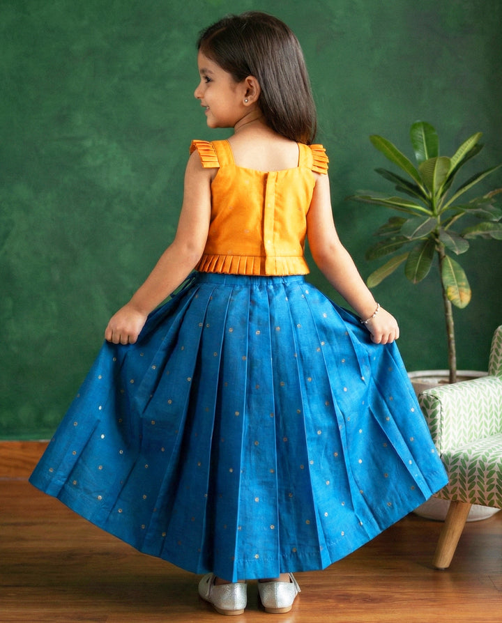 Teal Blue &amp; Mango Yellow Silk Butti Lehenga Choli – Traditional Festive Wear – photo 4 – Stanwells Kids