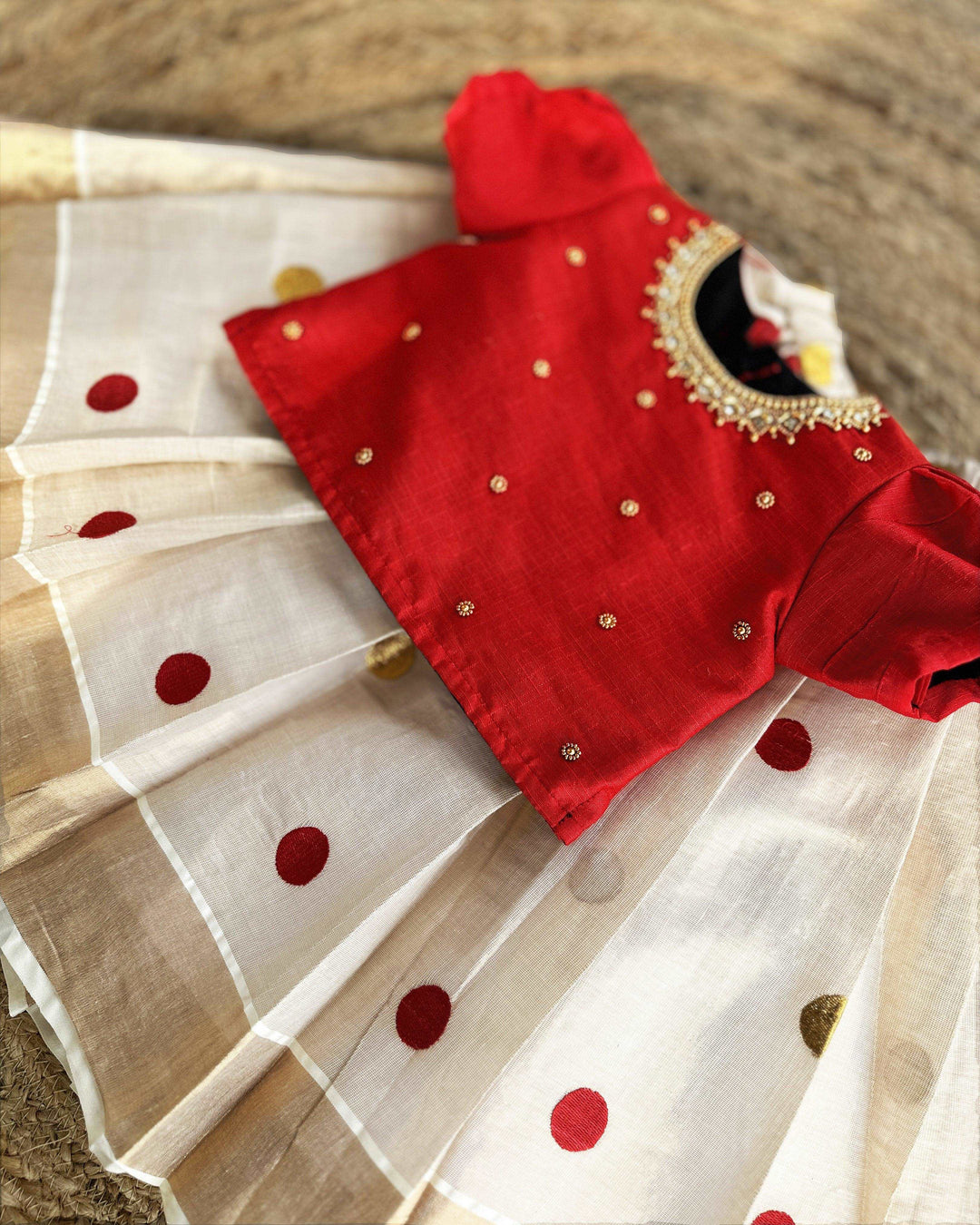 Kerala Kasavu & Red Combo Handwork Baby -Girls Traditional Silk Leheng