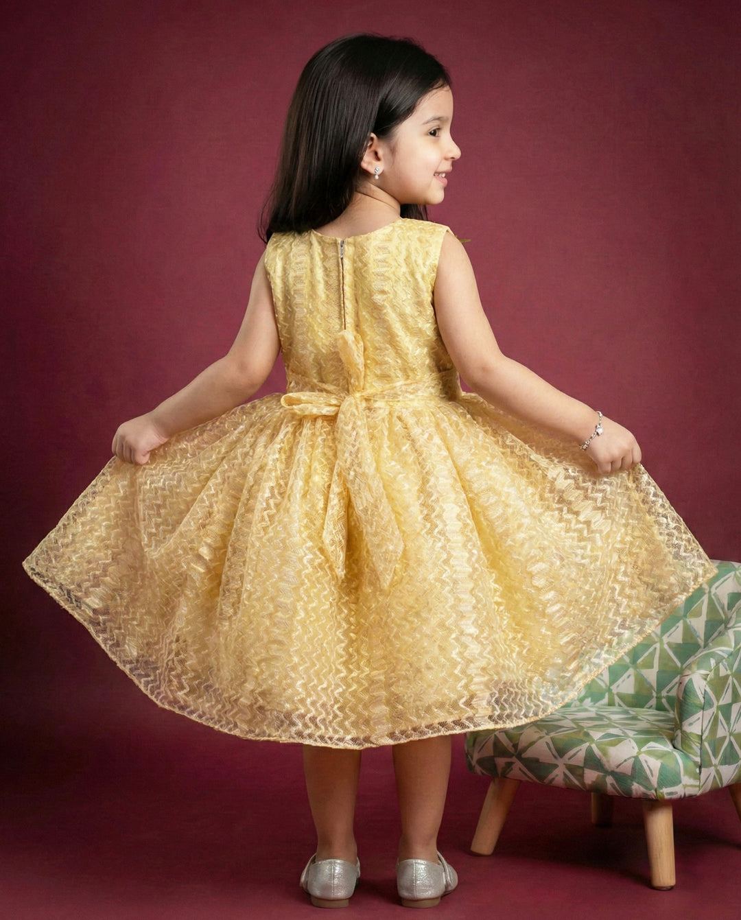 golden designer flower frock for baby girls, kids birthday dress, baby girl partywear dress, golden kids frock online, premium festive dress for toddlers