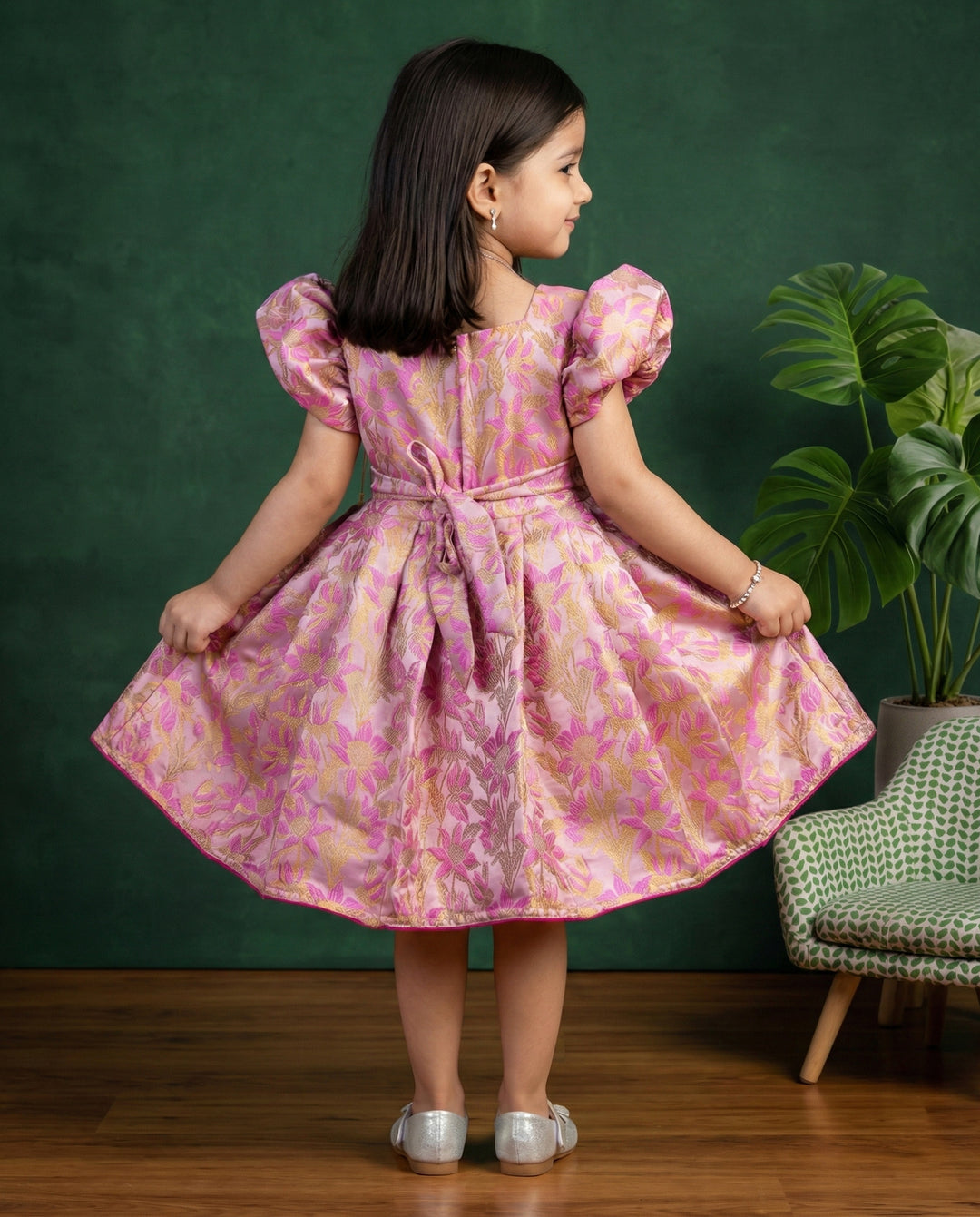 Pink shade designer brocade floral handwork baby girls birthday dress, premium partywear frock for kids, Stanwells Kids