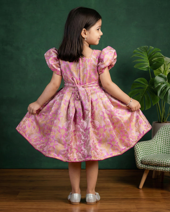 Pink shade designer brocade floral handwork baby girls birthday dress, premium partywear frock for kids, Stanwells Kids