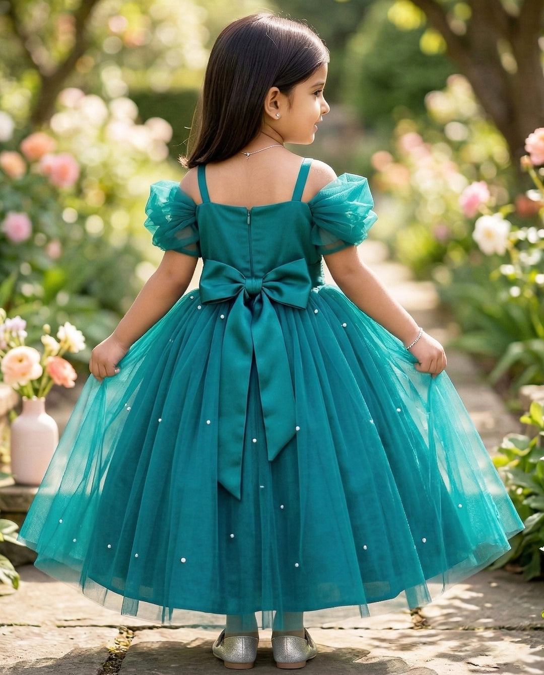 Teal Blue Pearl Handwork Cinderella Gown for Baby Girls, Birthday Dress