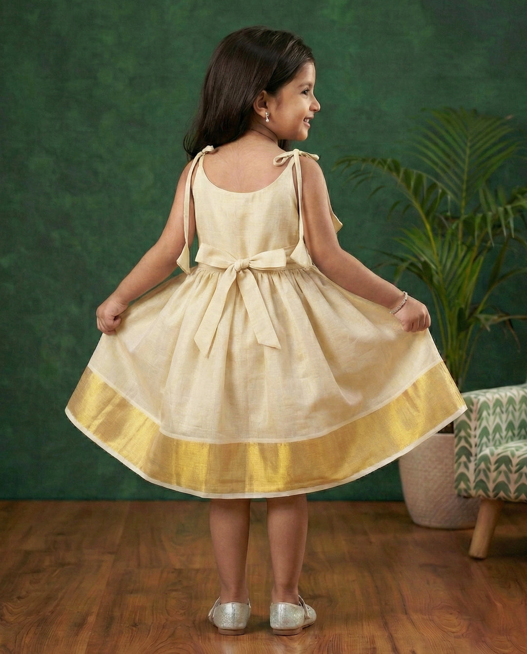 baby girl birthday dress, Kerala handloom frock, embroidered frock for baby girl, golden birthday dress, special occasion dress