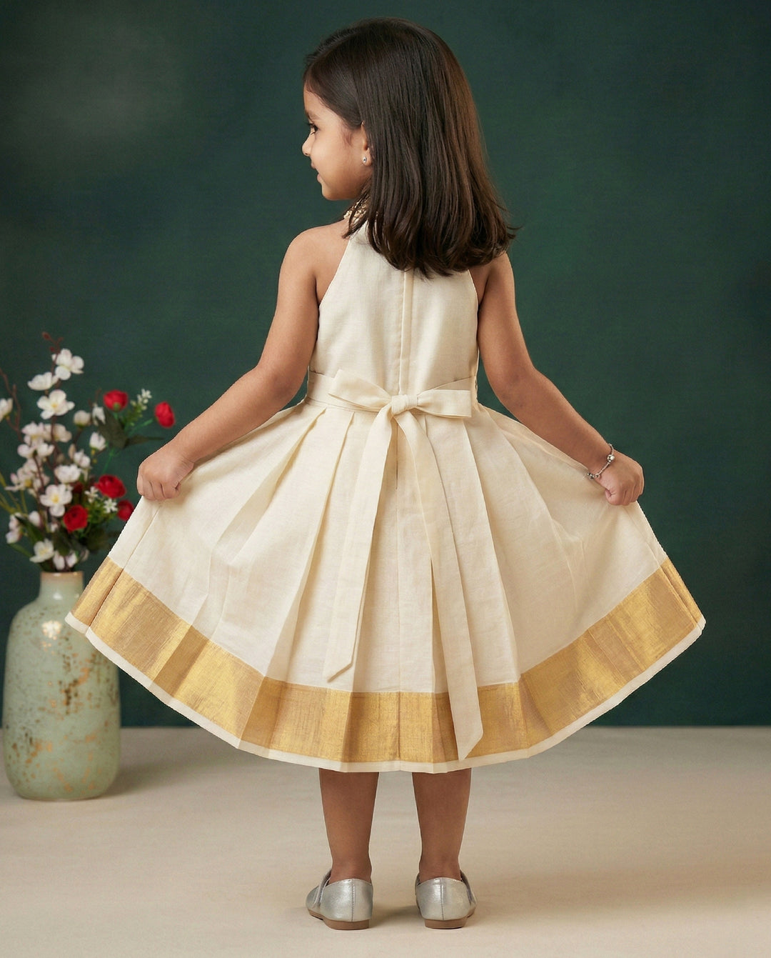 Onam Special Kerala Kasavu Cream & Golden Shade Halter Neck Frock Stanwells Kids Onam Special Kerala Kasavu Cream & Golden Shade Halter Neck Frock Stanwells Kids
