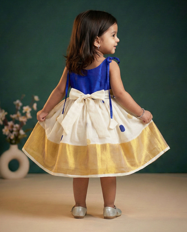Royal Blue and Cream Kerala Handloom Baby Girl Birthday Dress with Embroidery

