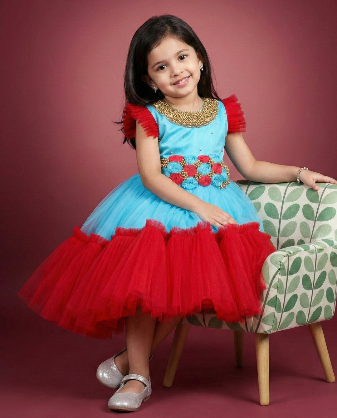 Sky blue and rani pink handwork flower birthday dress for baby girls party wear