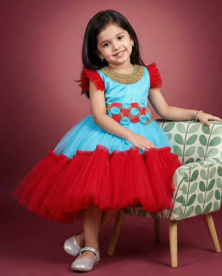 Sky blue and rani pink handwork flower birthday dress for baby girls party wear