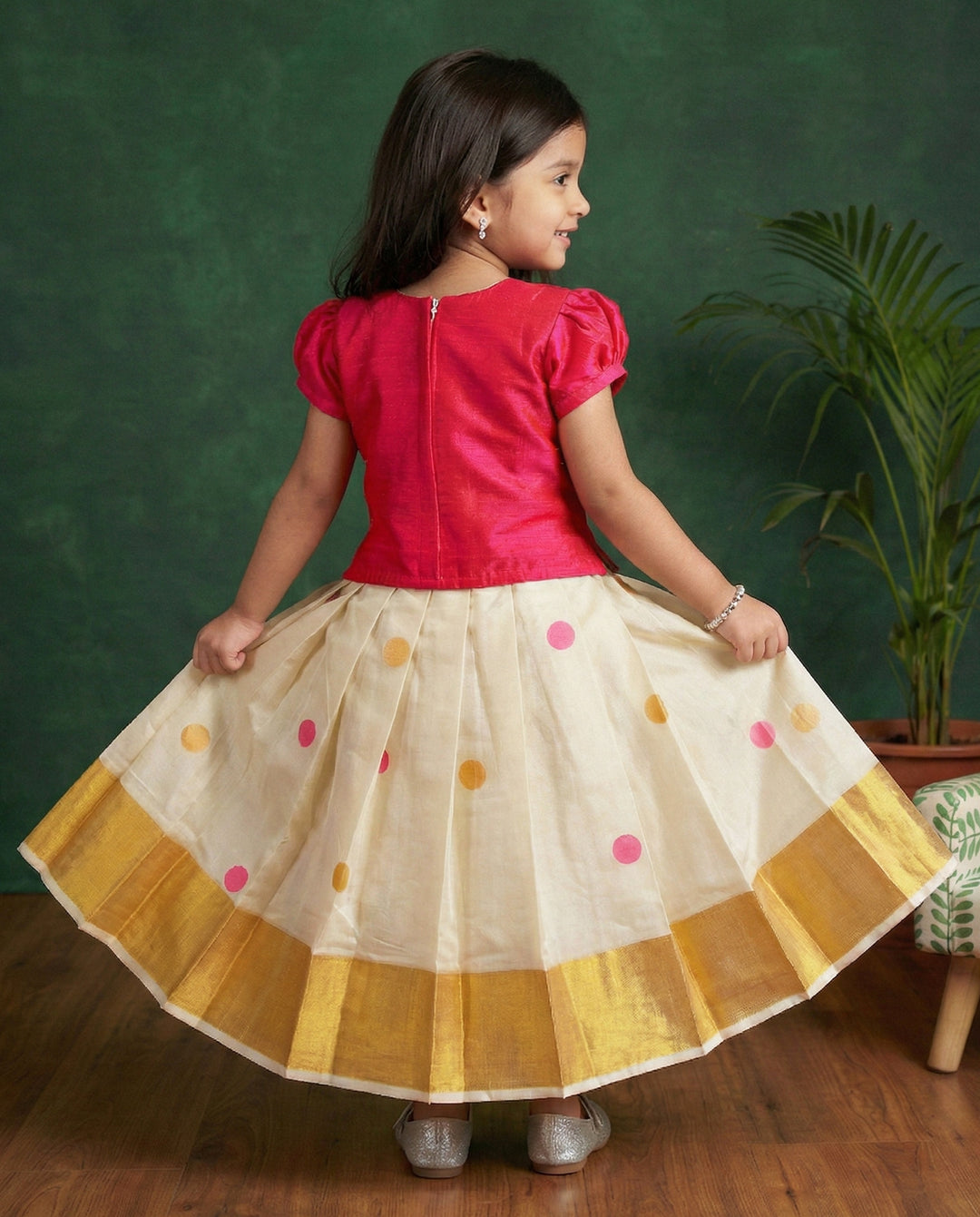 Cream pink kasavu lehenga choli back view – Stanwells Kids