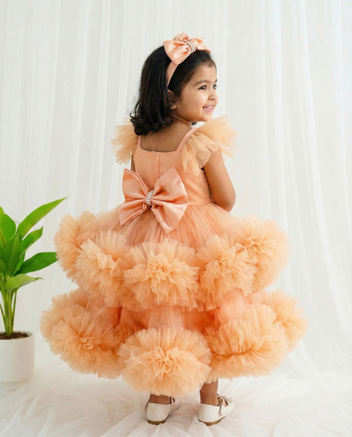 Light pumpkin shade baby girls birthday dress, heavy ruffles partywear frock, baby girl birthday outfit