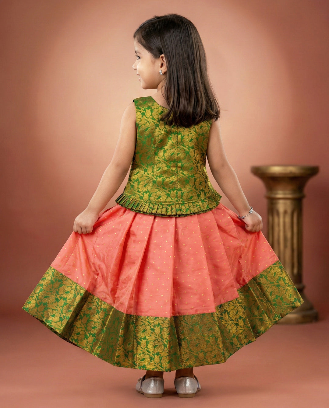 Coral peach green Kerala lehenga choli back view – Stanwells Kids