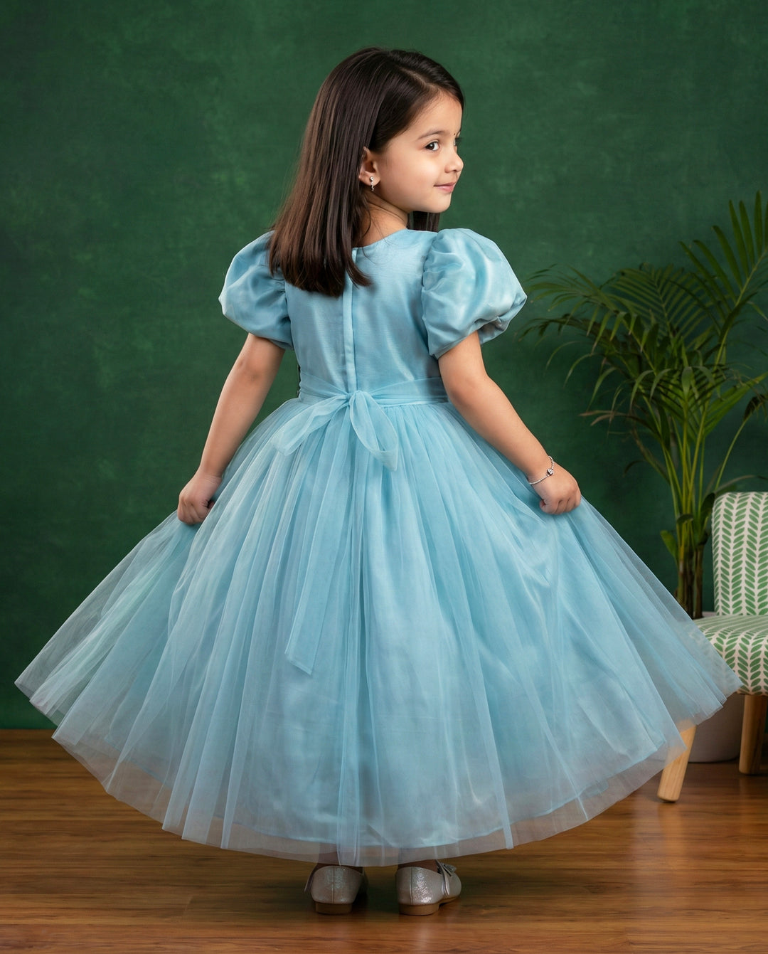 Pearl blue applique handwork Cinderella gown, baby girls birthday dress, premium kids party wear, designer gown for baby girl, Stanwells Kids dress