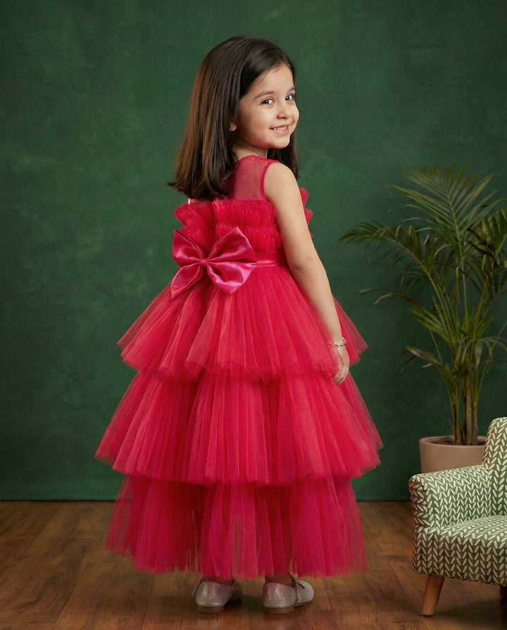 Rani pink tail frock, elegant pleated birthday dress, baby girl party wear, stylish frock for girls, pink shade kids frock