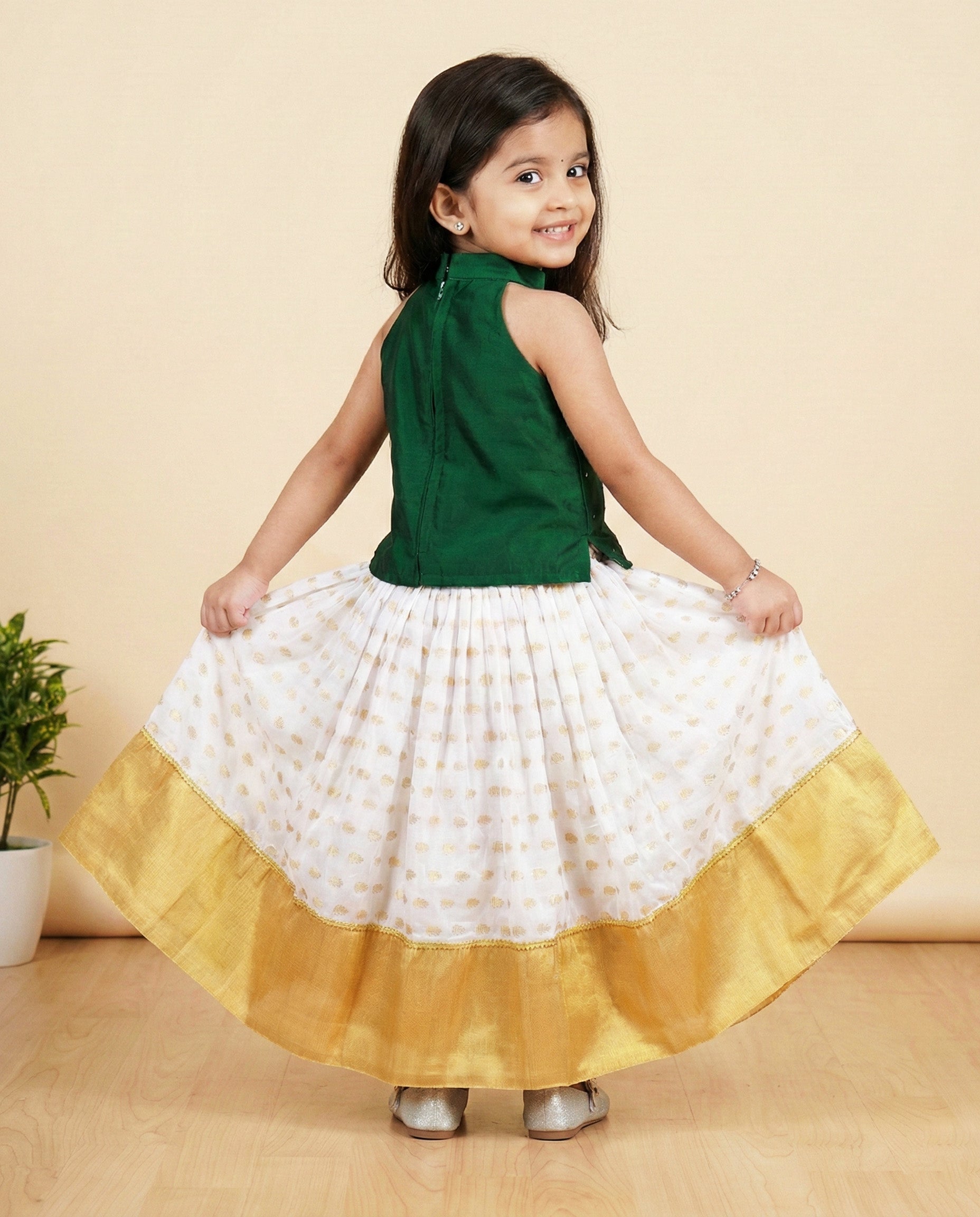 Baby Girls Birthday Dress – Kerala Kasavu Bottle Green Lehenga