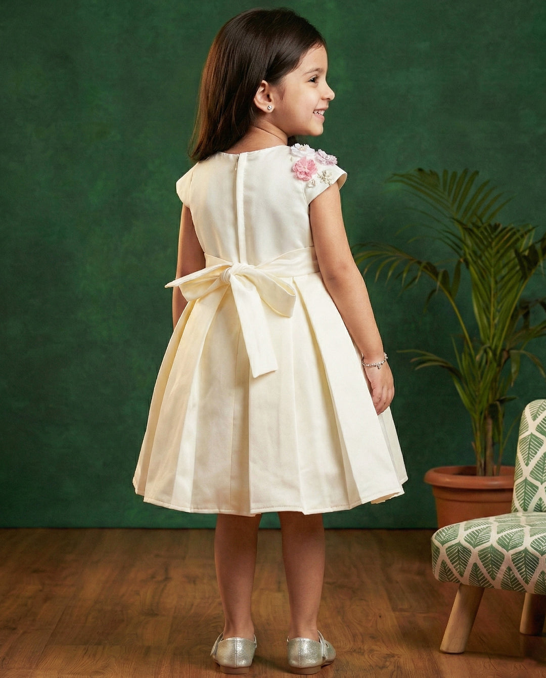 Cream shade silky satin baby girl birthday dress, western style frock, kids party wear dress, box pleated birthday outfit for girls