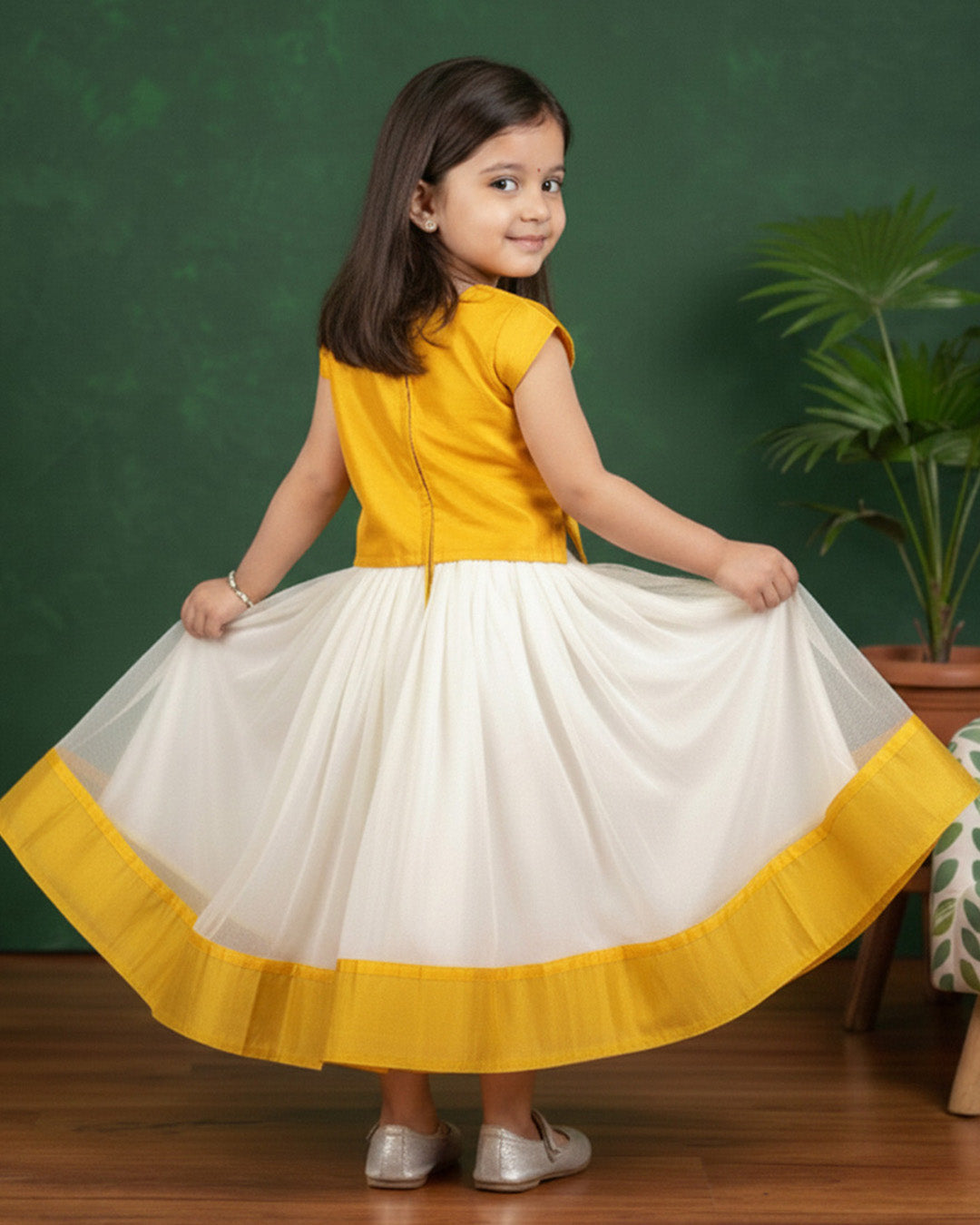 Cream and yellow Kerala combo dress for baby girls, traditional birthday frock, ethnic wear for kids, Kerala frock, Stanwells Kids ethnic collection