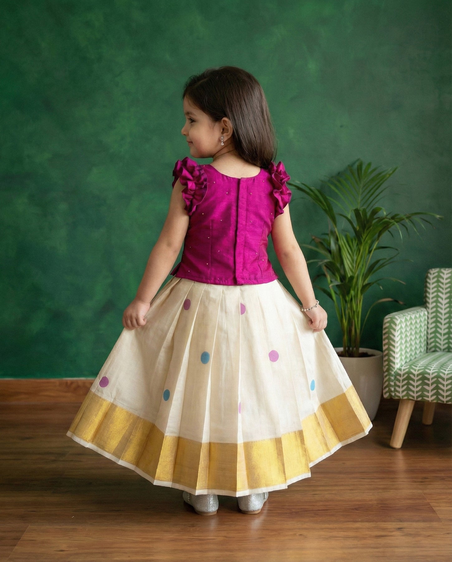 Cream Magenta Kerala Kasavu Applique Lehenga – Baby Girl Birthday