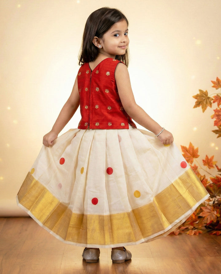 Cream maroon polka dot lehenga choli back view – Stanwells Kids