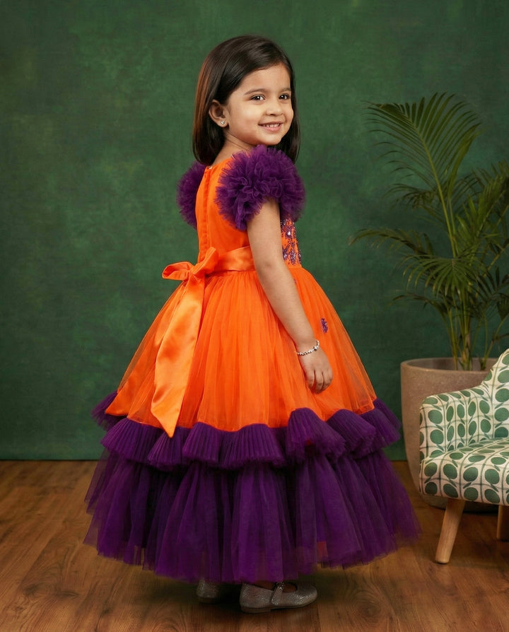 Orange and purple handworked gown for baby girls, ruffle partywear, designer birthday dress, Stanwells Kids