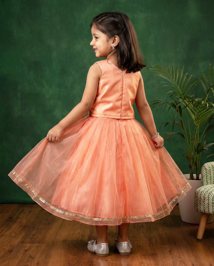 Coral twill net lehenga choli back view – Stanwells Kids
