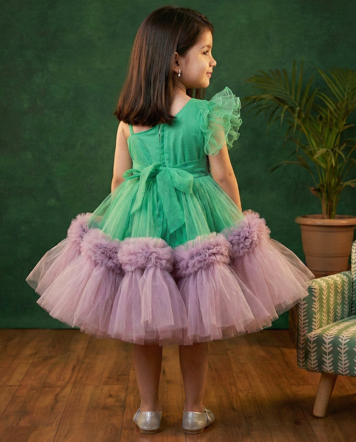 Spring green pastel pink baby girl birthday dress, handwork ruffles frock, pleated party wear dress for kids