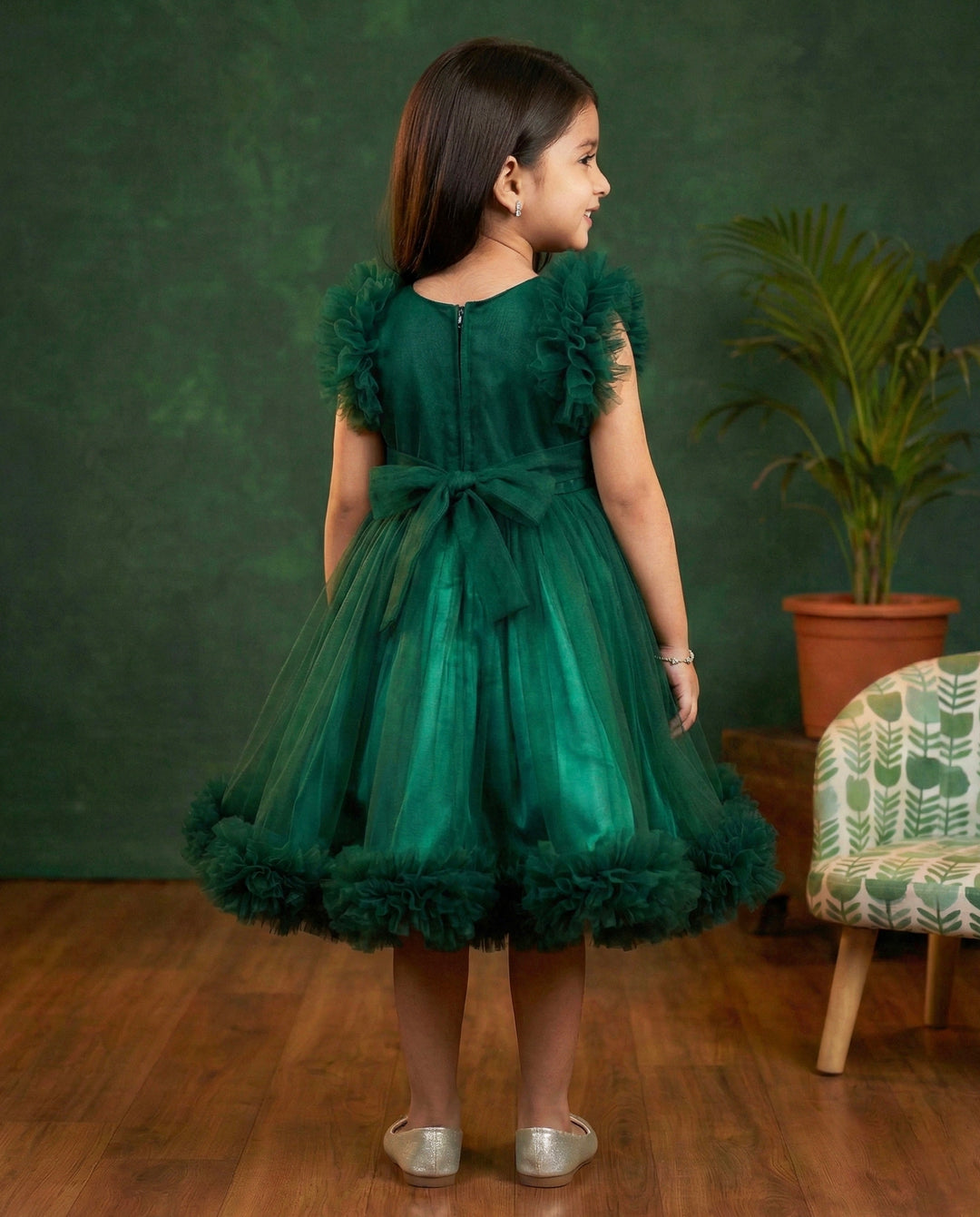 Bottle Green Handcrafted Gown – Heavy Work Partywear Birthday Dress for Baby Girls by Stanwells Kids