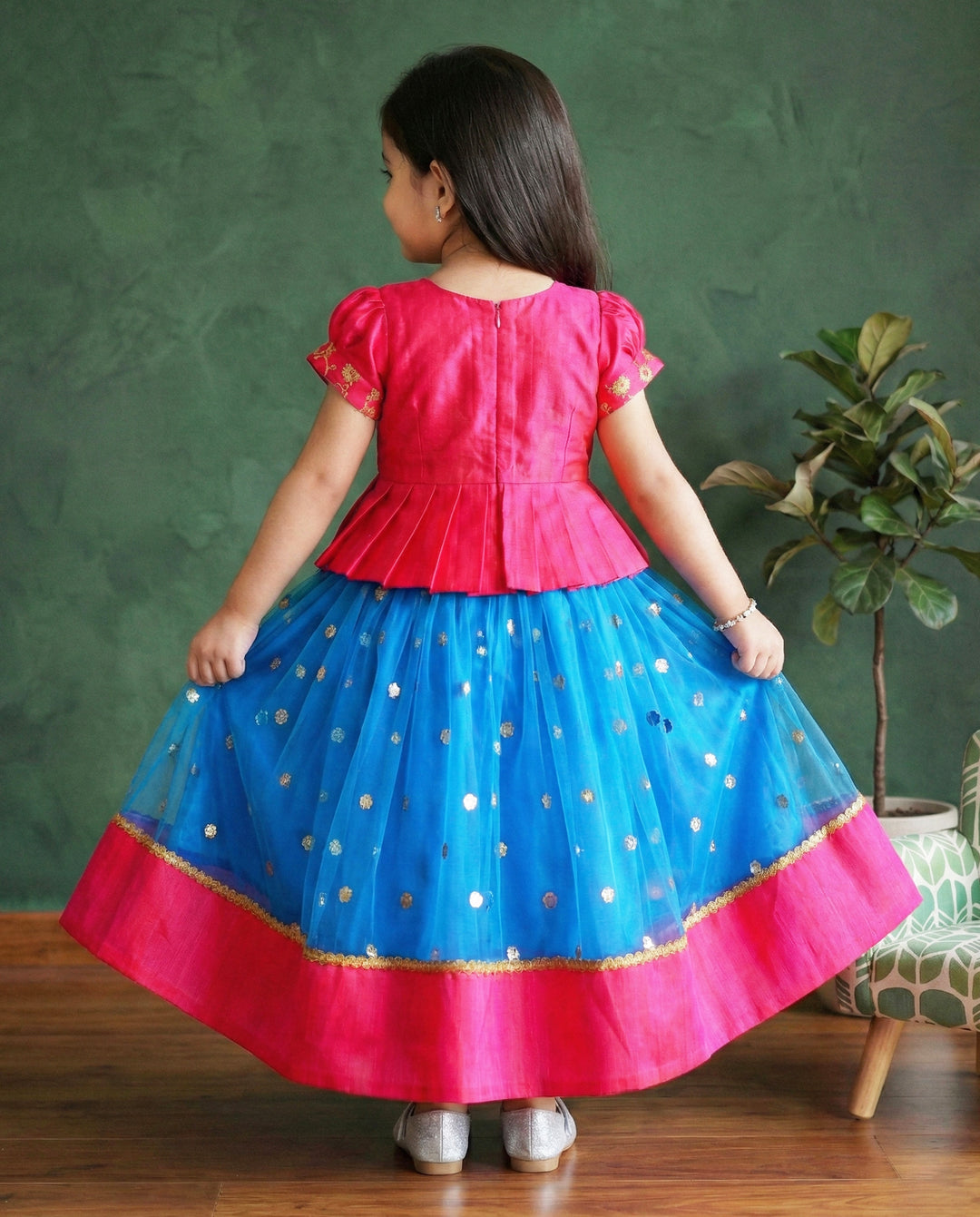 Sky Blue & Pink Combo Baby-Girl Readymade Sequins Embroidery South Indian Lehenga Choli