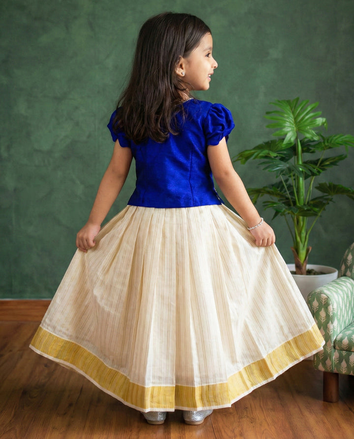 Cream royal blue kasavu lehenga choli back view – Stanwells Kids