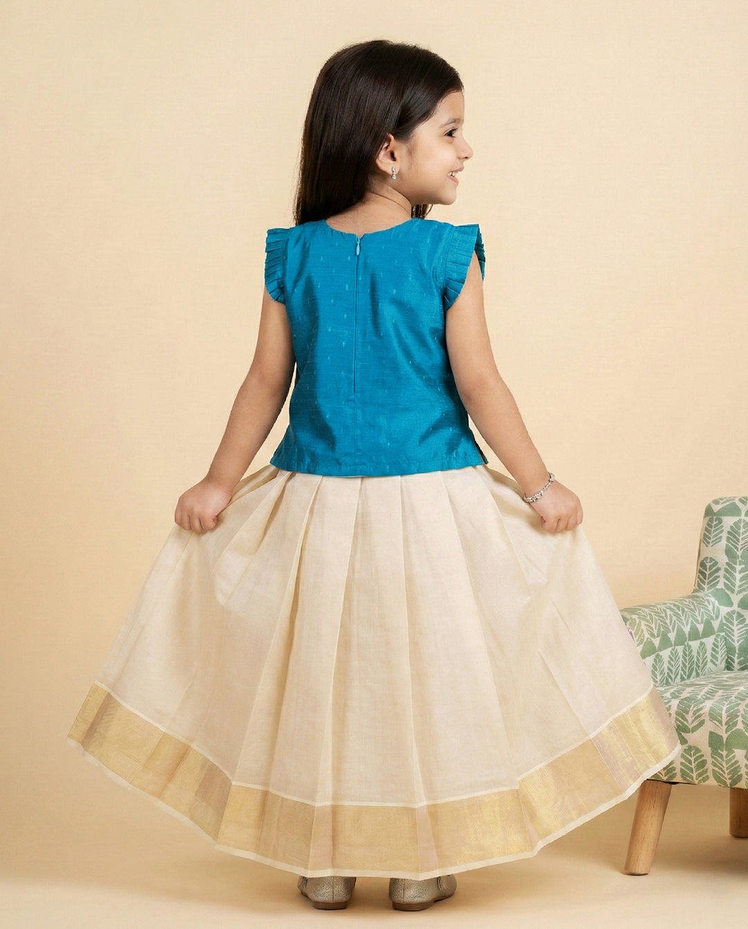Baby girl birthday dress sky blue silk with copper gold detailing