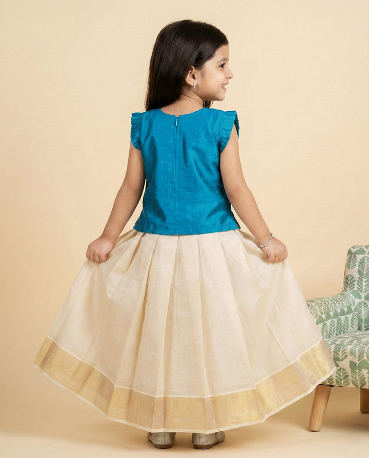 Baby girl birthday dress sky blue silk with copper gold detailing