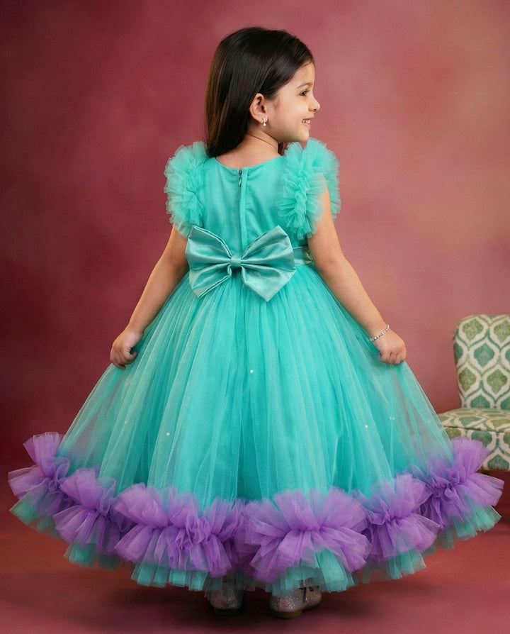 Sea green lilac combo baby girl birthday dress, sea shell theme gown, ruffles party wear frock, kids birthday outfit for girls