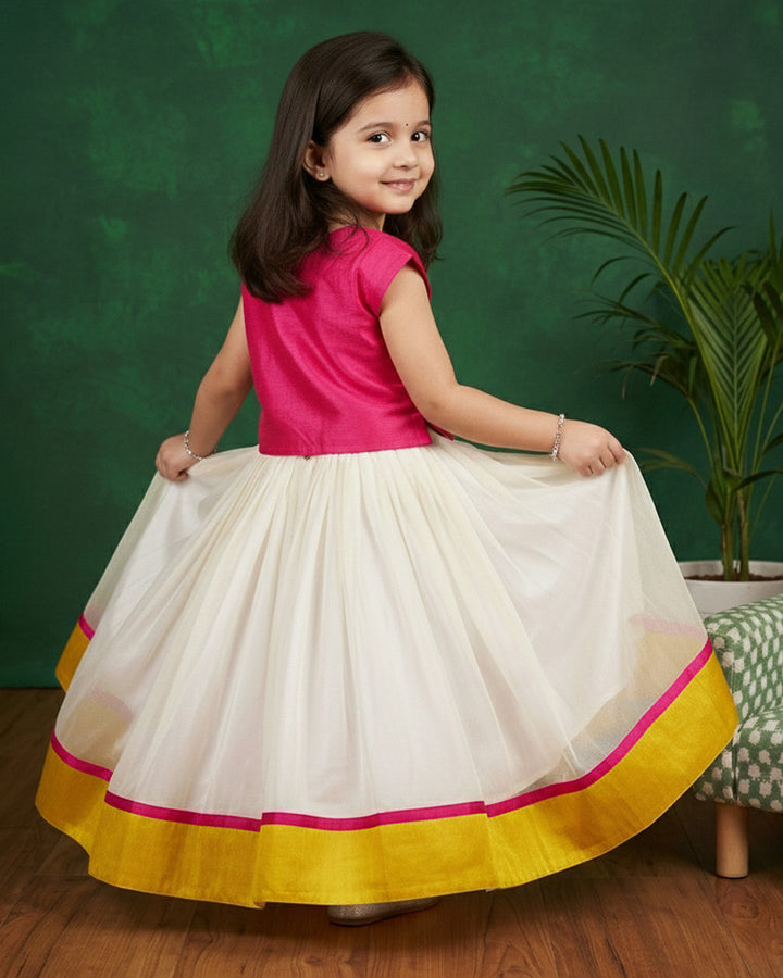 Kerala traditional lehenga choli for baby girl

cream pink birthday lehenga for kids

baby girls Kerala festive dress

ethnic lehenga choli for toddlers

Stanwells Kids Kerala lehenga outfit