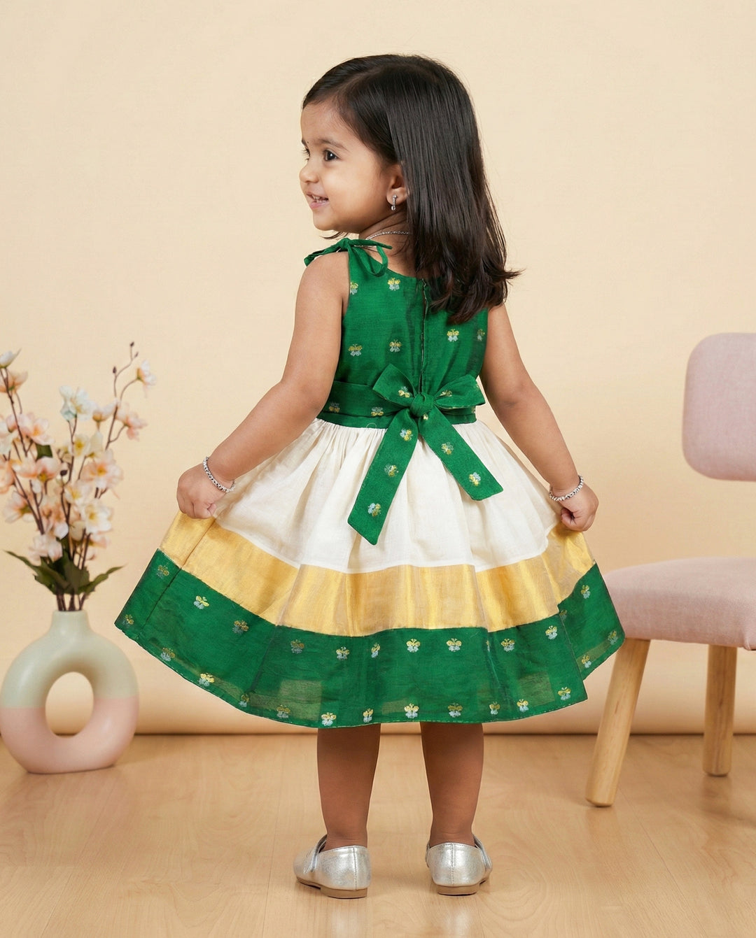 Cream green kasavu handloom frock back view – Stanwells Kids