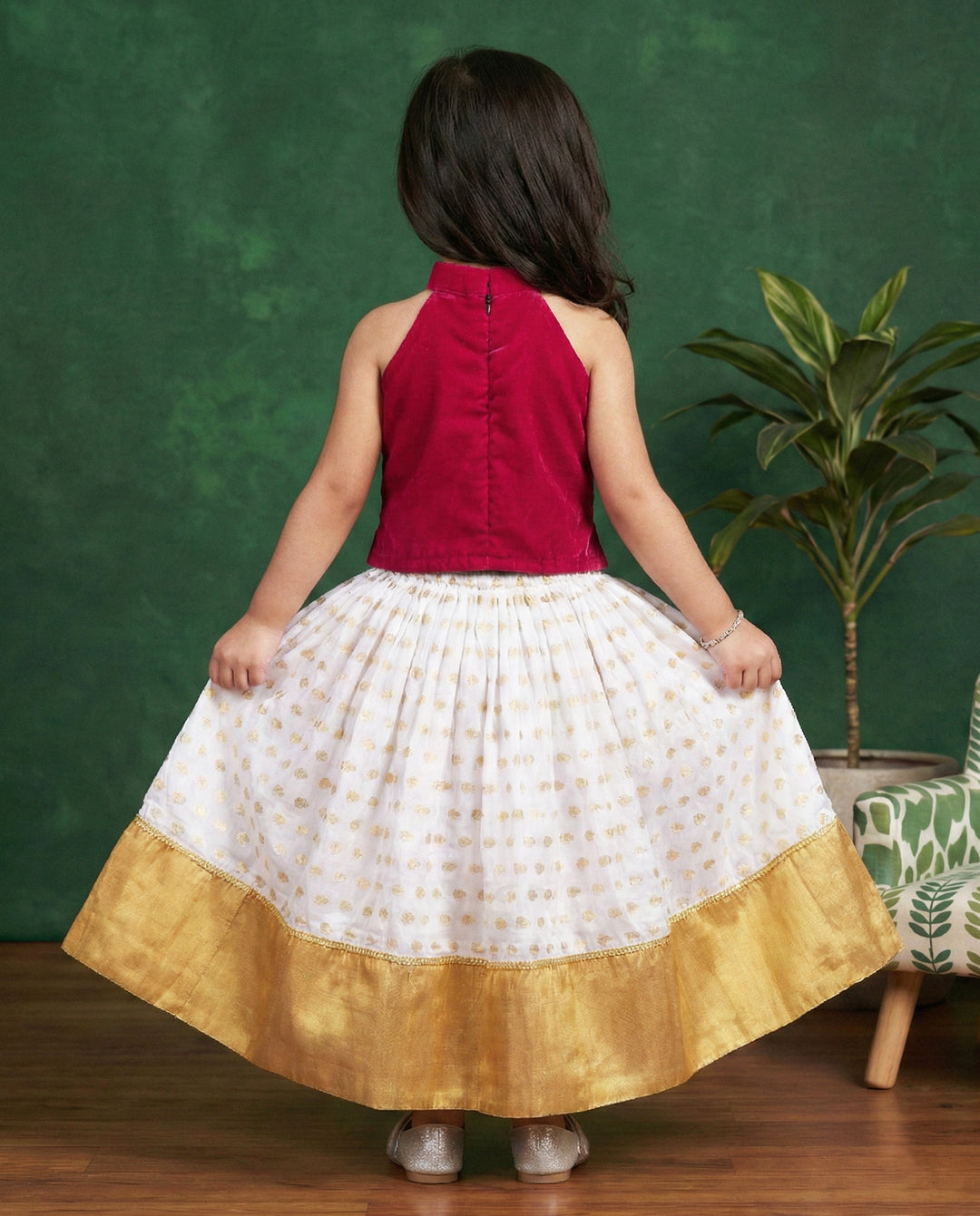 Cream rani pink kasavu lehenga choli back view – Stanwells Kids