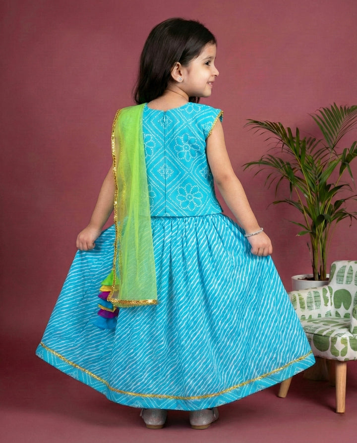 kids cotton lehenga choli stanwells kids, blue dresses for kids, bandhej printed dress for kids
