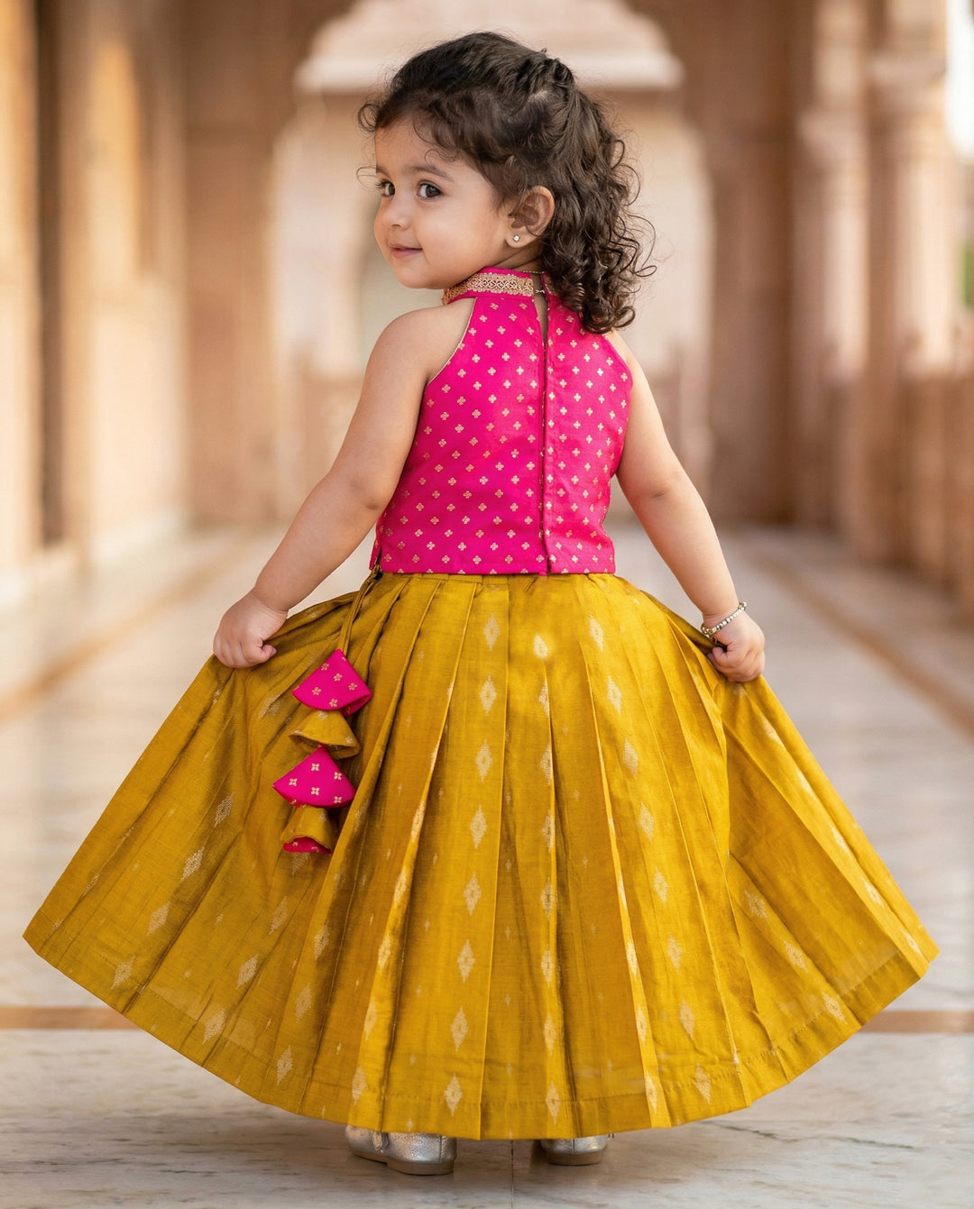 Magenta mustard yellow lehenga choli baby girls birthday dress halter neck festive outfit kids ethnic wear partywear traditional dress