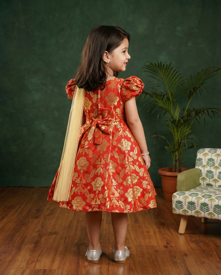 Red Banarasi Jacquard Handwork Silk Saree Frock for Baby Girl – Stanwells Kids