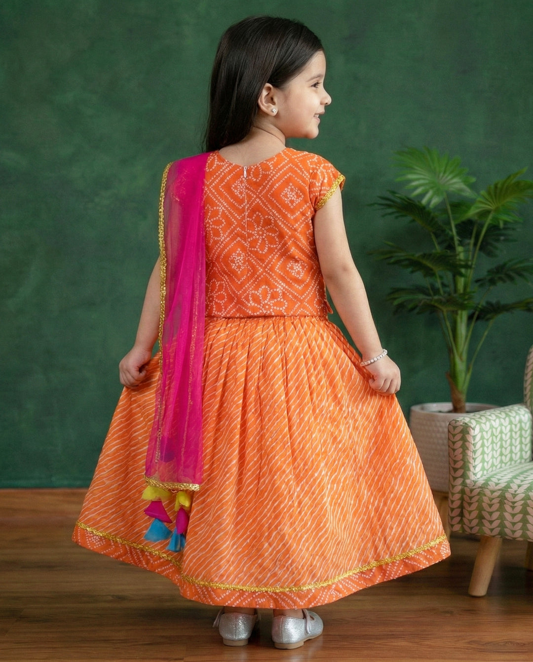 orange kids cotton lehenga choli for kids, stanwells kids baby girls dresses online, bandhej printed casual dresses online