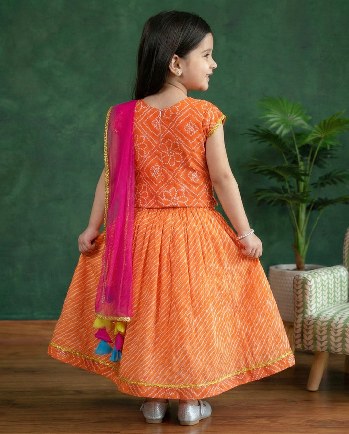 orange kids cotton lehenga choli for kids, stanwells kids baby girls dresses online, bandhej printed casual dresses online