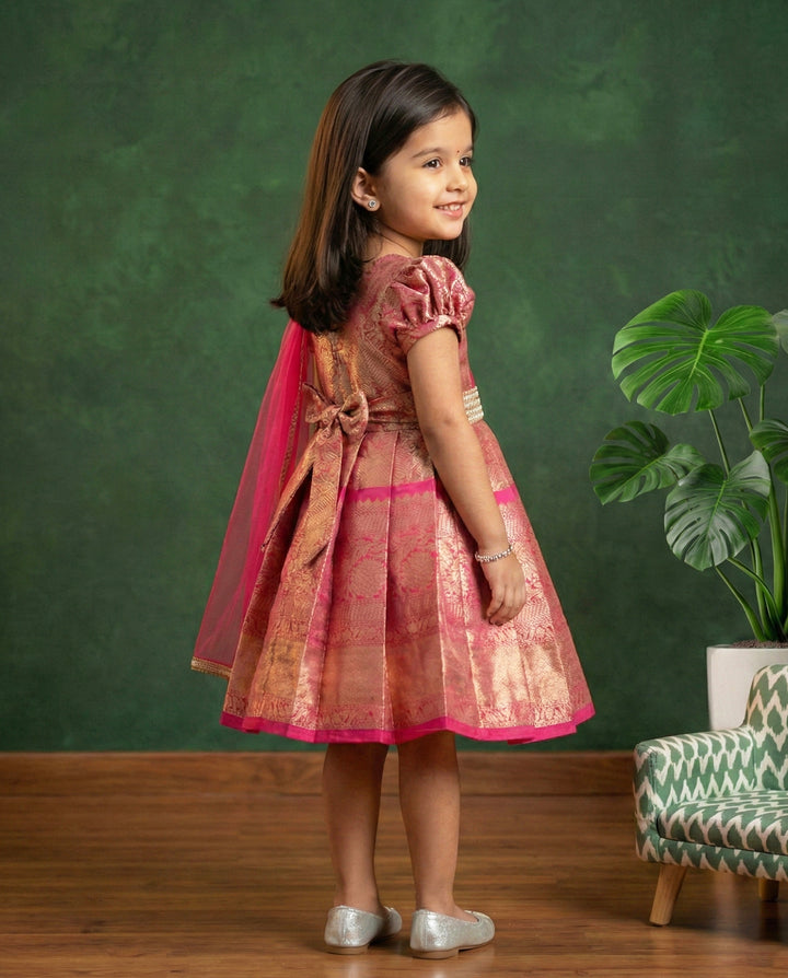 Pink Jacquard Handwork Silk Frock – Ethnic Partywear for Little Girls