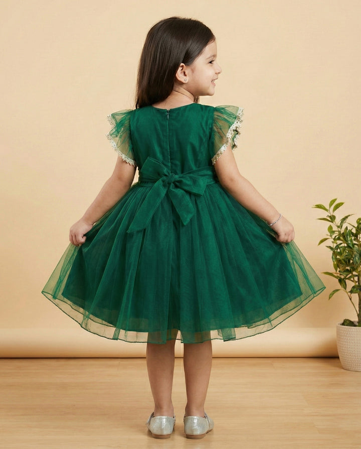 Bottle green baby girl birthday dress, party wear frock, toddler dress