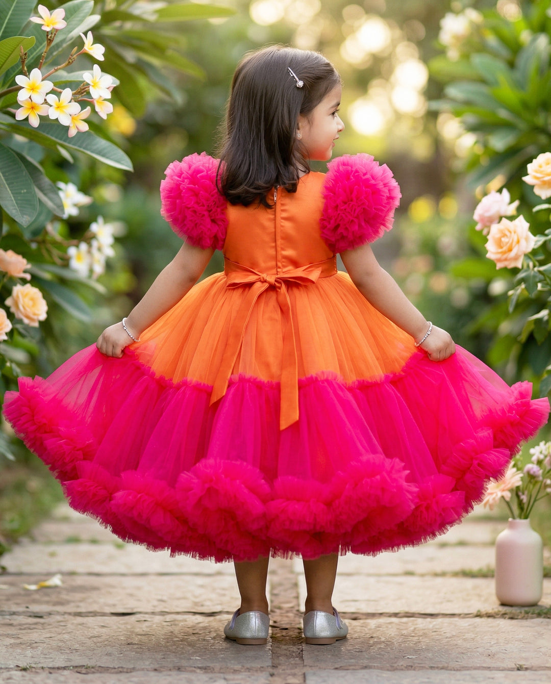 Orange &amp; Rany Pink Combo Heavy Handwork Partywear Flared Ruffles Full 
